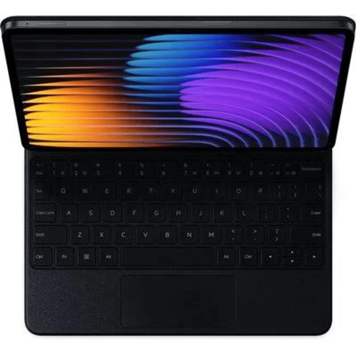 Un tablet nero con sfondo colorato attaccato a una tastiera nera, visto dall'alto.