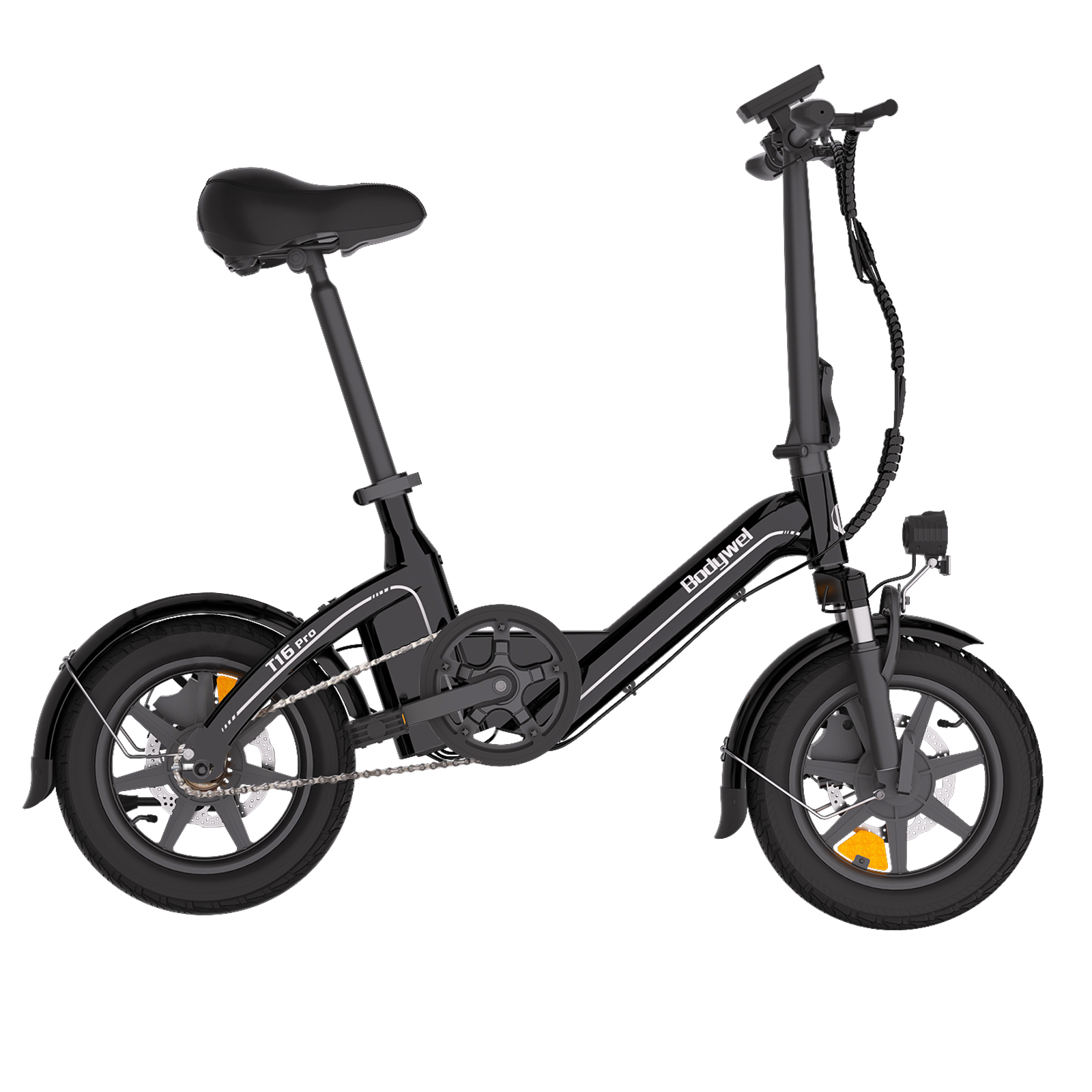 Ein schwarzes Klapp-E-Bike mit kleinen Rädern und Gepäckträger auf weißem Hintergrund.