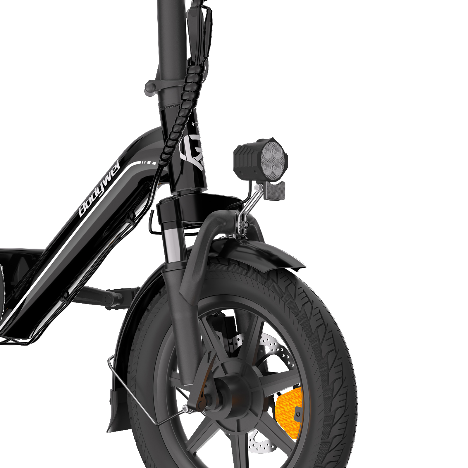 Nahaufnahme der Vorderradgabel eines schwarzen E-Bikes mit Scheinwerfer, Kotflügel und Scheibenbremse.