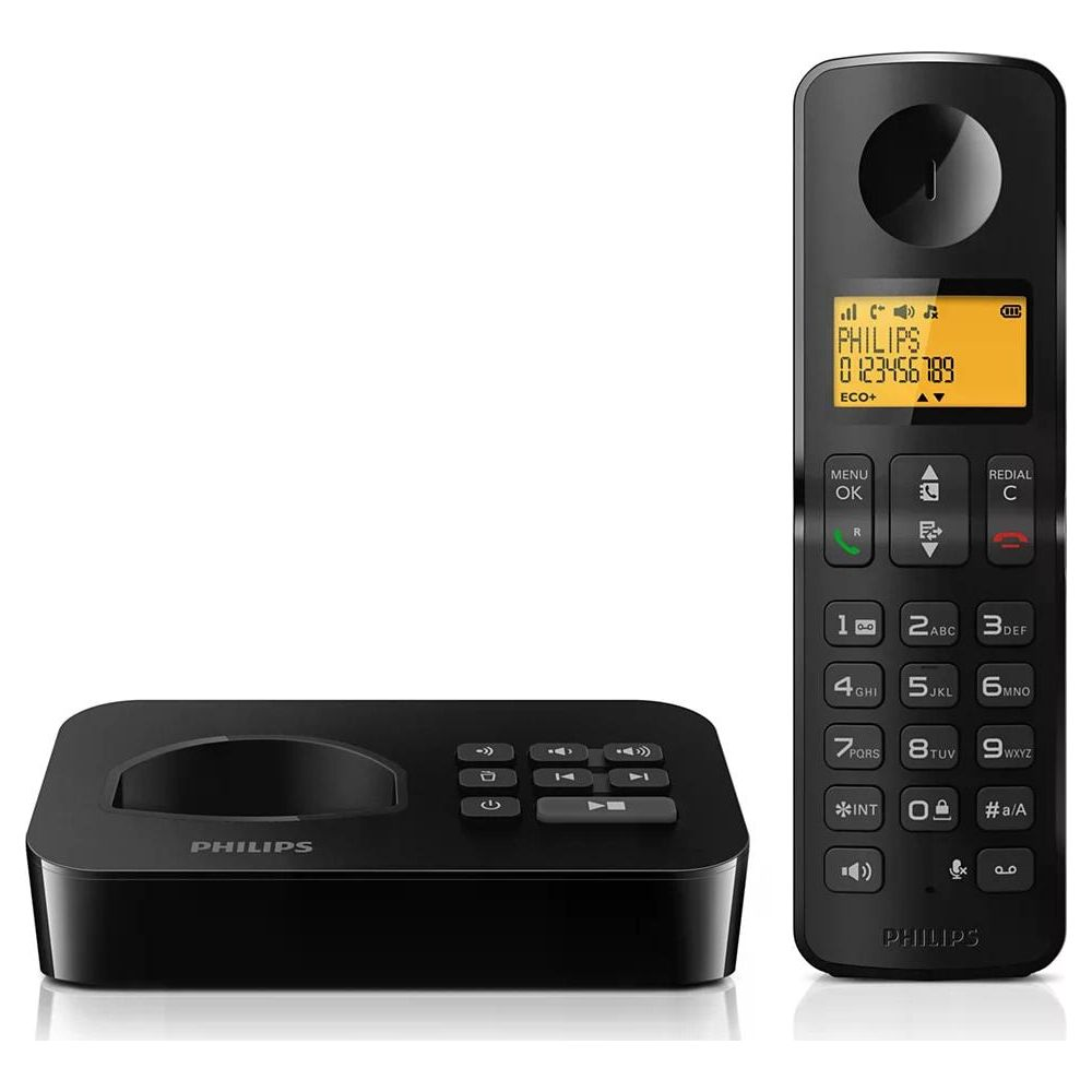 Un téléphone DECT Philips noir avec sa base de charge et un écran éclairé sur fond blanc.