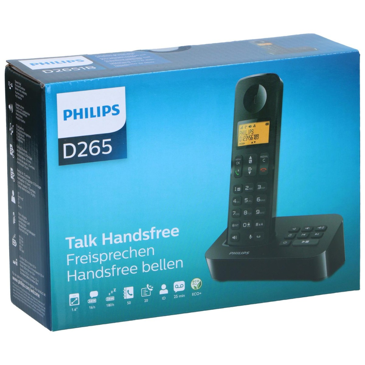 Une boîte bleue de téléphone sans fil Philips D265 avec une image du combiné et de la base noirs.