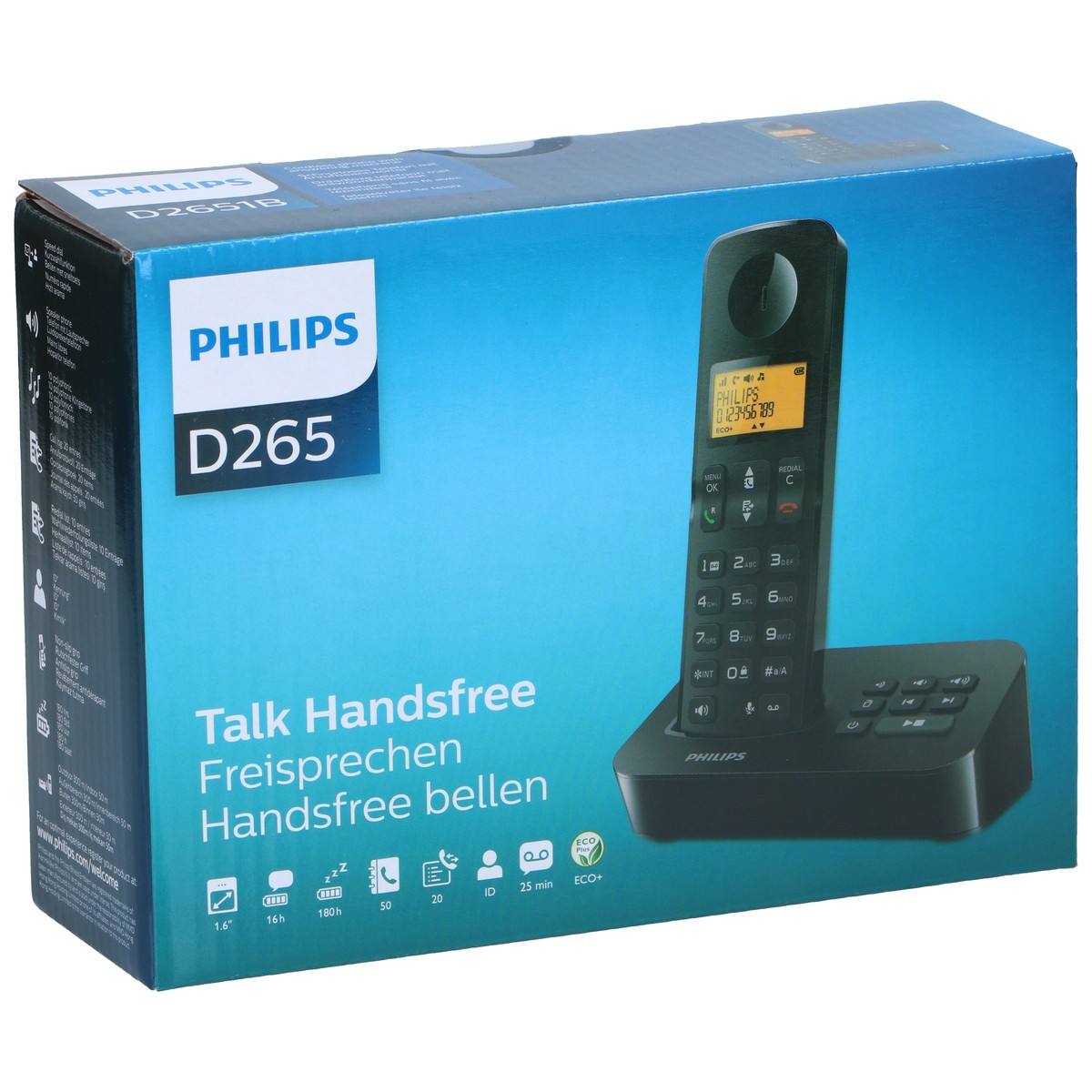 Boîte bleue de téléphone sans fil Philips D265 montrant le combiné et la base noirs.
