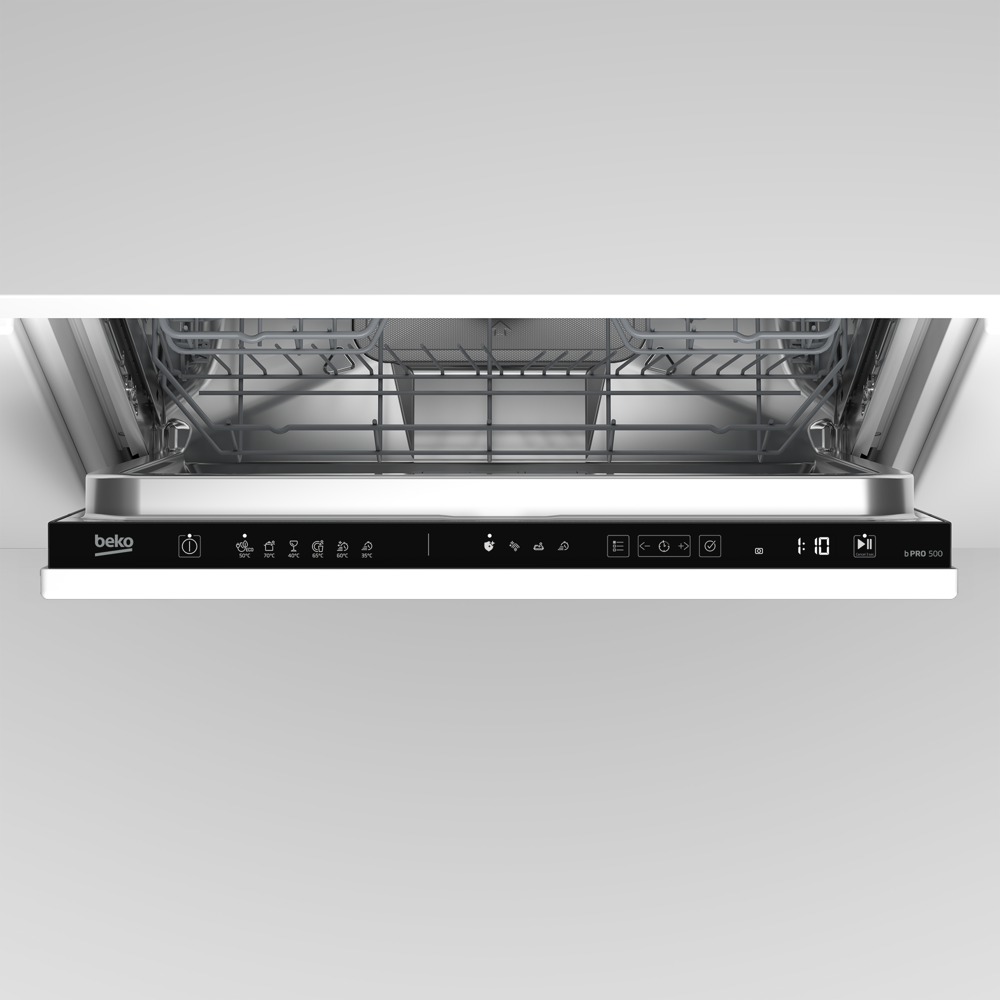 Vista dall'alto di una lavastoviglie Beko aperta con display digitale, comandi a sfioramento e cestelli.