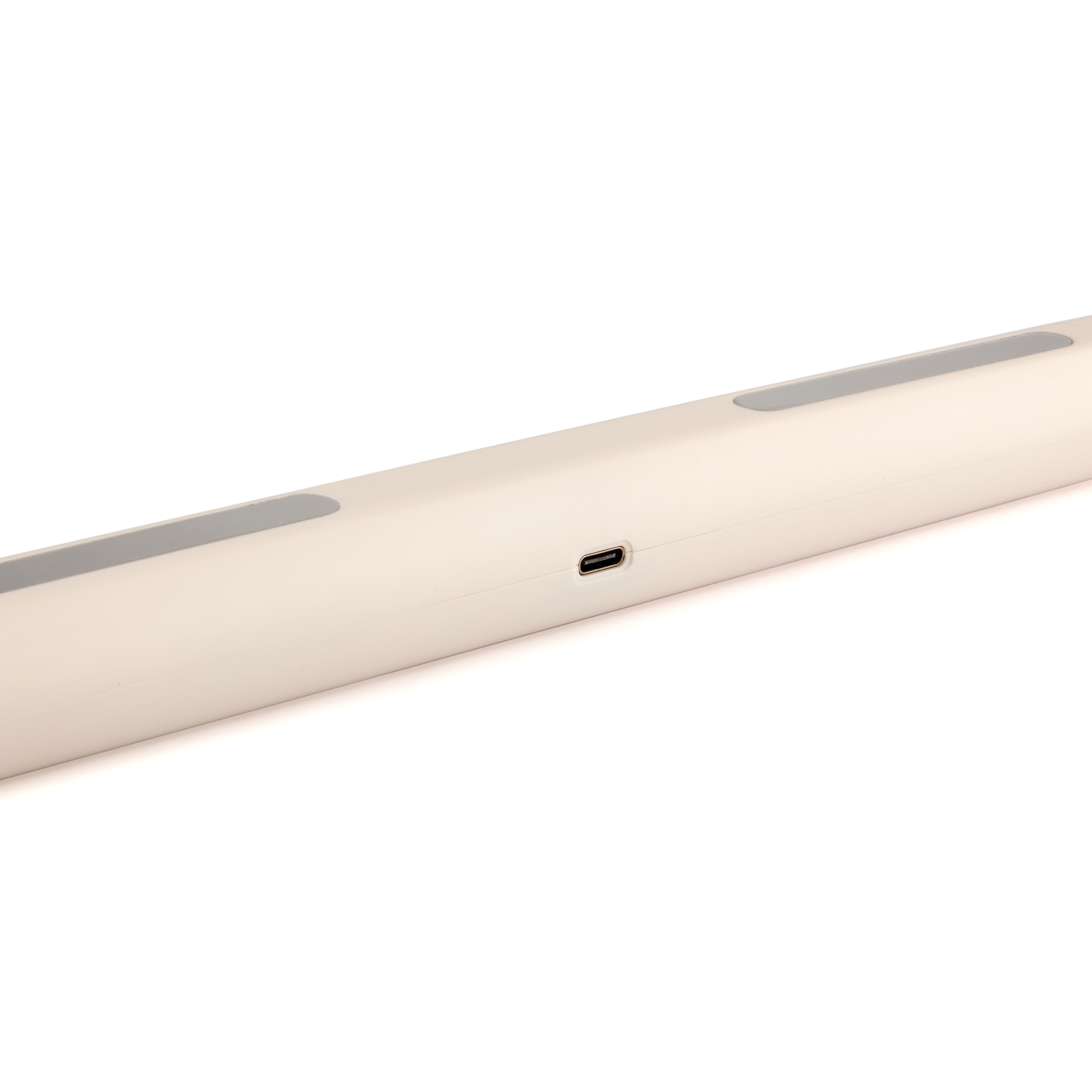 Białe urządzenie w kształcie pręta z portem USB-C pośrodku.