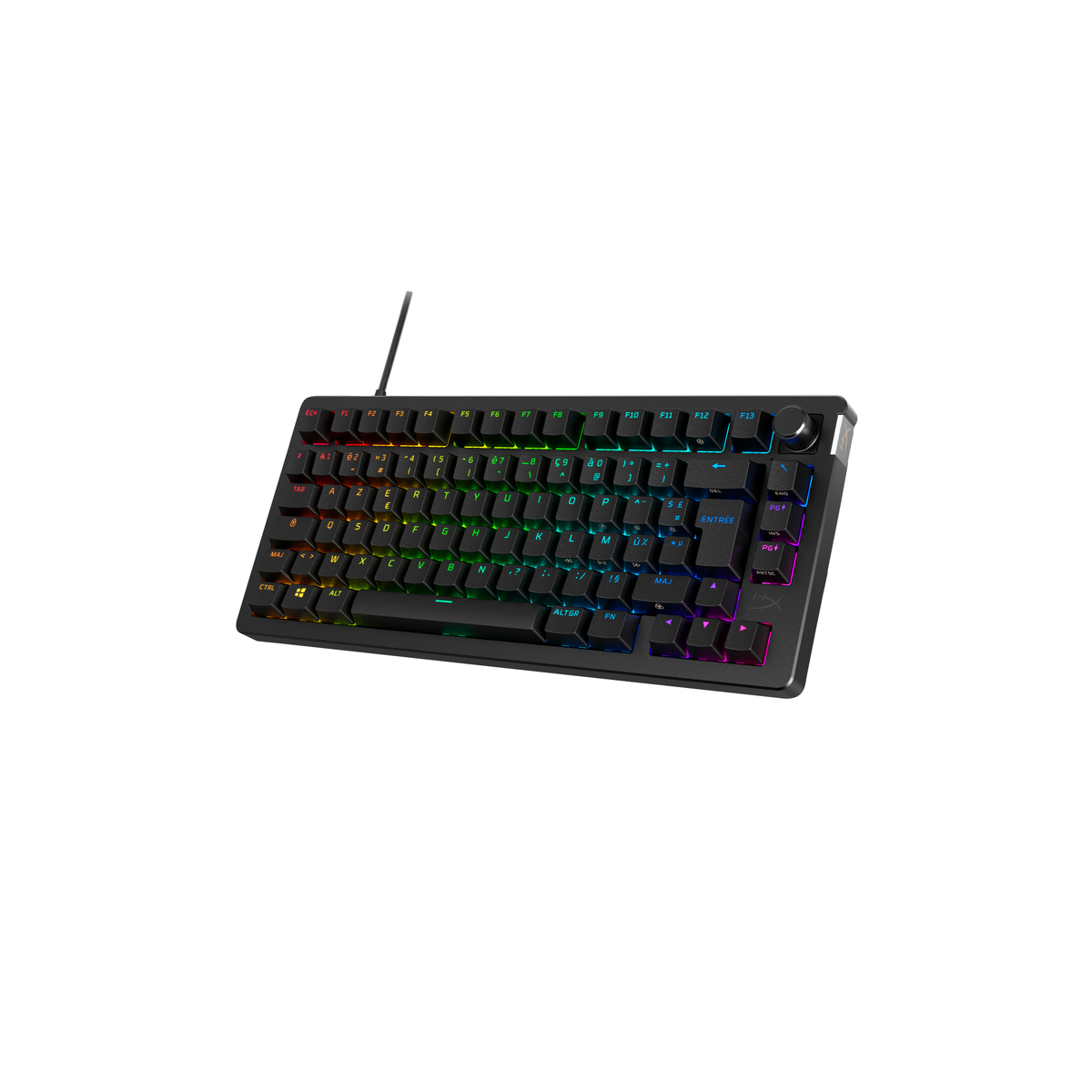 Teclado mecánico negro con retroiluminación RGB, cable y control de volumen sobre un fondo blanco.