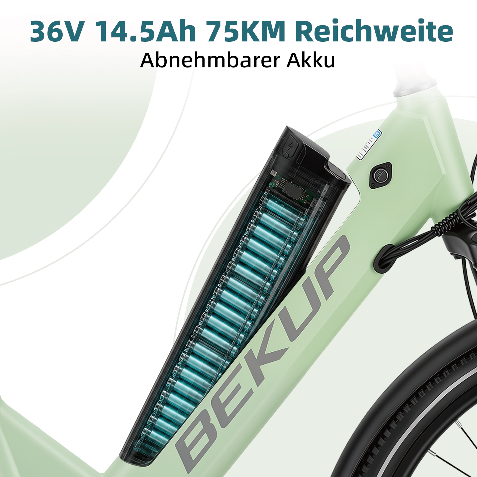 E-Bike-Rahmen mit herausnehmbarem Akku, der interne Zellen und Text oben zeigt.