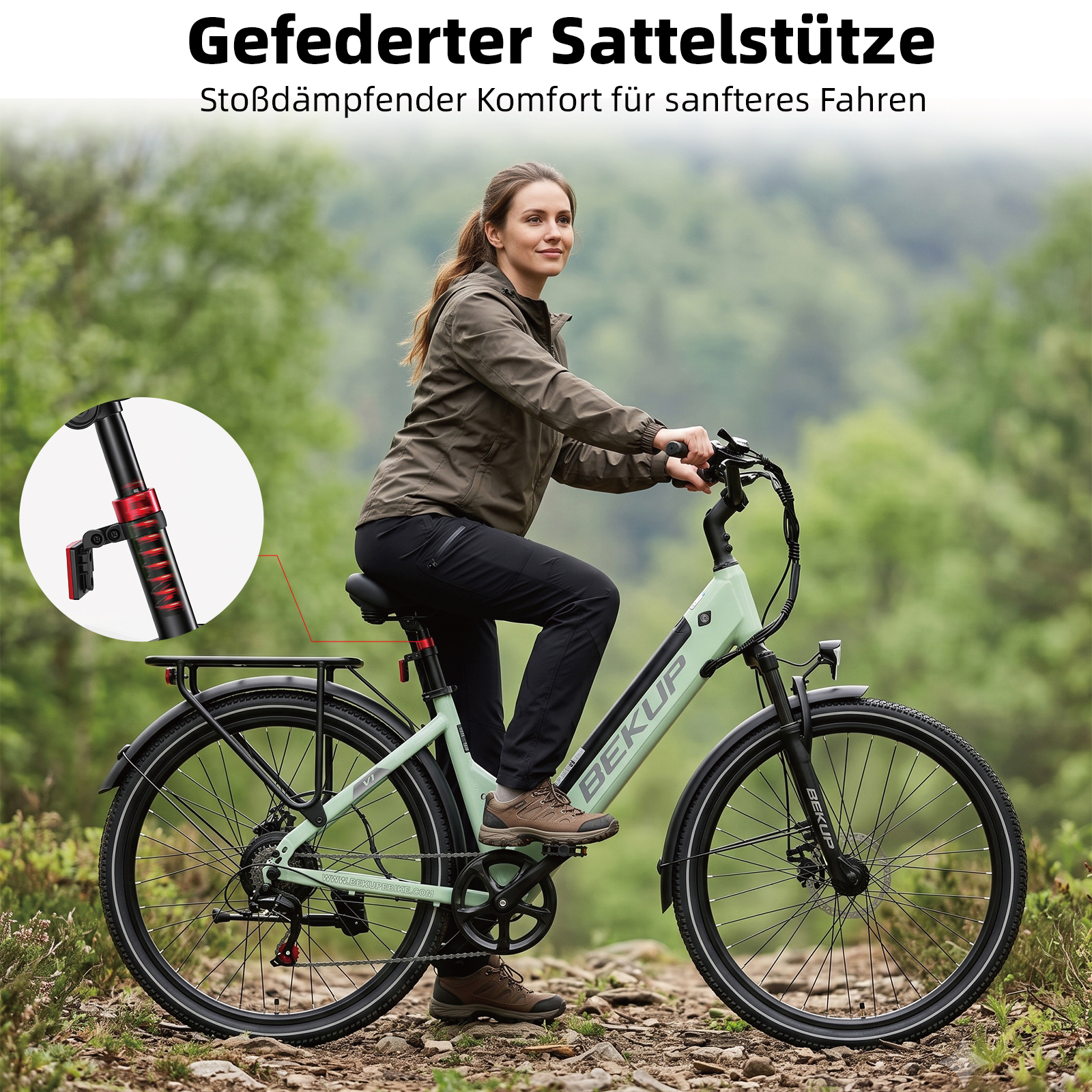 Frau sitzt auf einem hellgrünen E-Bike im Wald, ein Kreis zeigt die gefederte Sattelstütze.