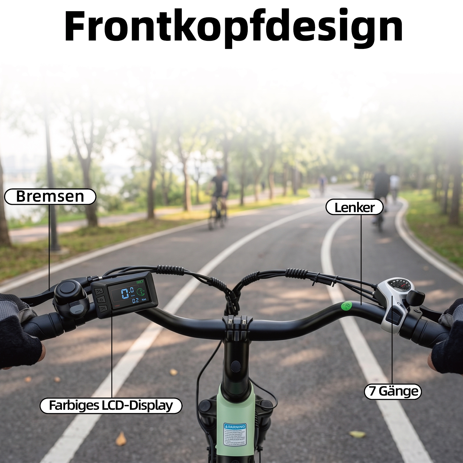 Fahrradlenker mit LCD-Display, Bremsen und 7-Gang-Schaltung auf einer bewaldeten Straße.