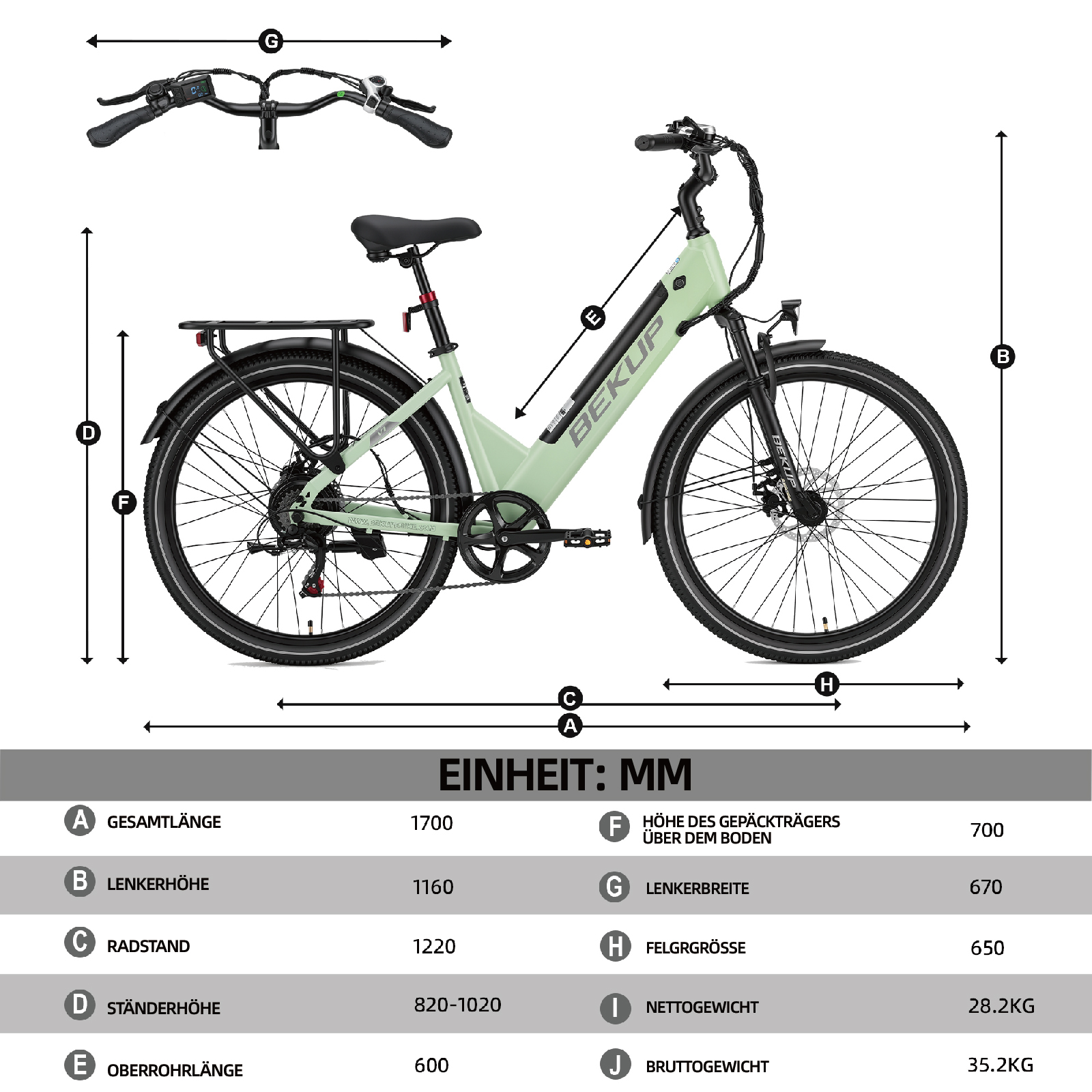 Ein hellgrünes Tiefeinsteiger-E-Bike mit Gepäckträger und Bemaßungslinien von A bis J.