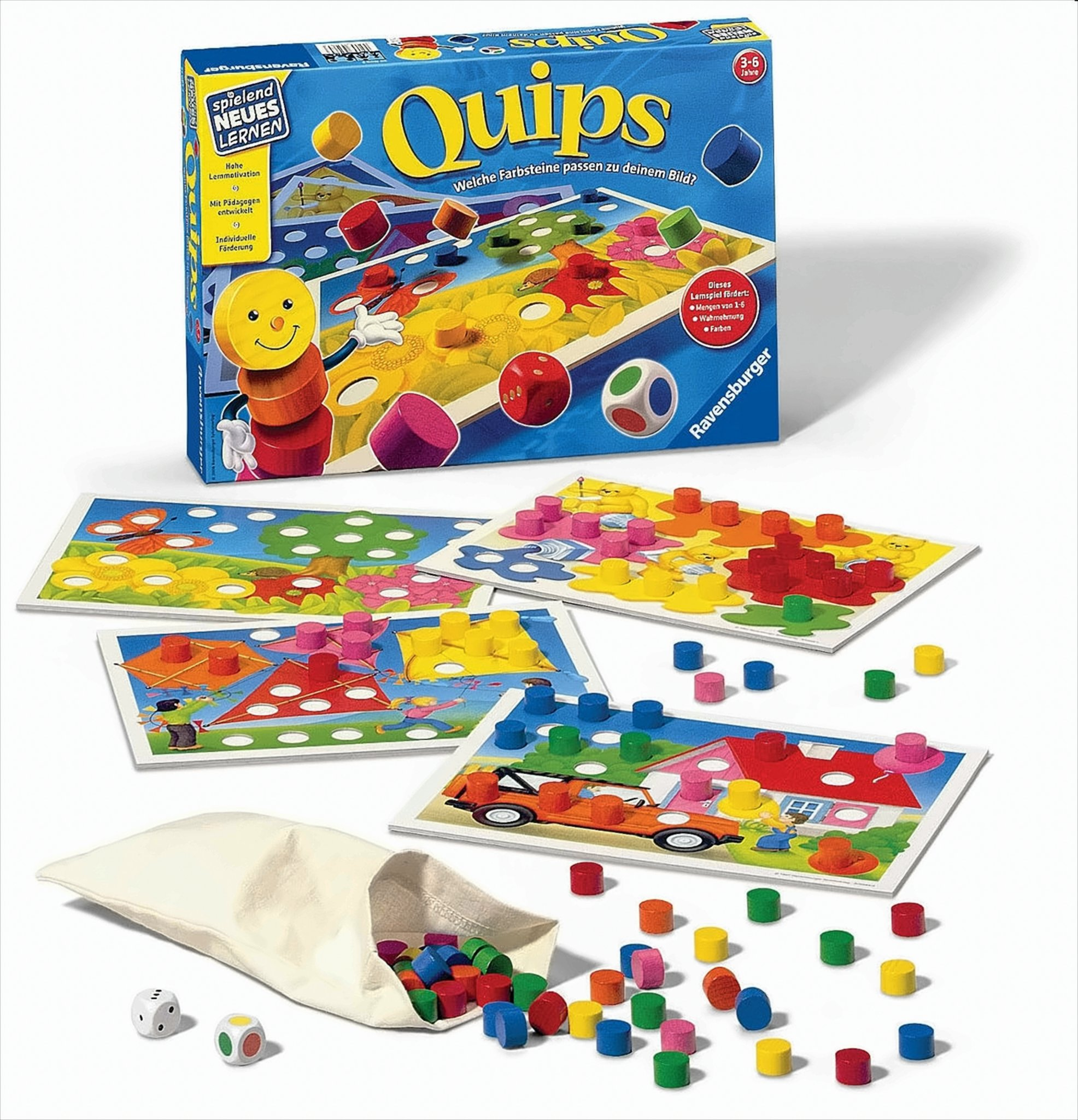 Ravensburger-Kinderspiel Quips mit bunten Holzteilen, Bildkarten, Würfeln und einer Stofftasche.