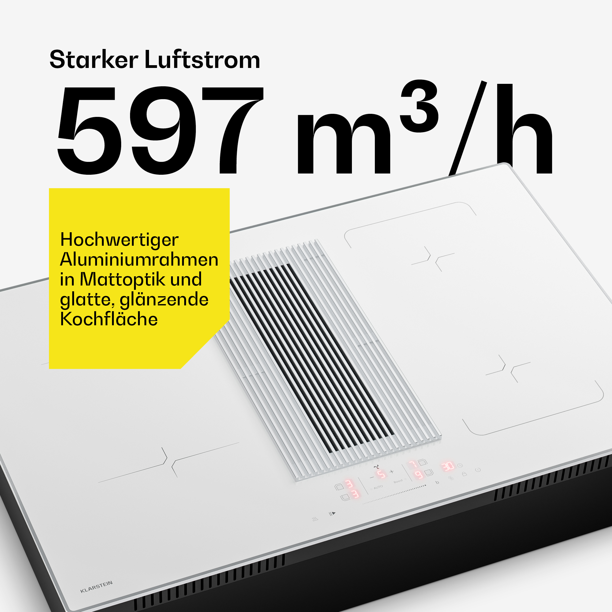 Weißes Induktionskochfeld mit integriertem Dunstabzug und Text zu Luftstrom und Alurahmen.