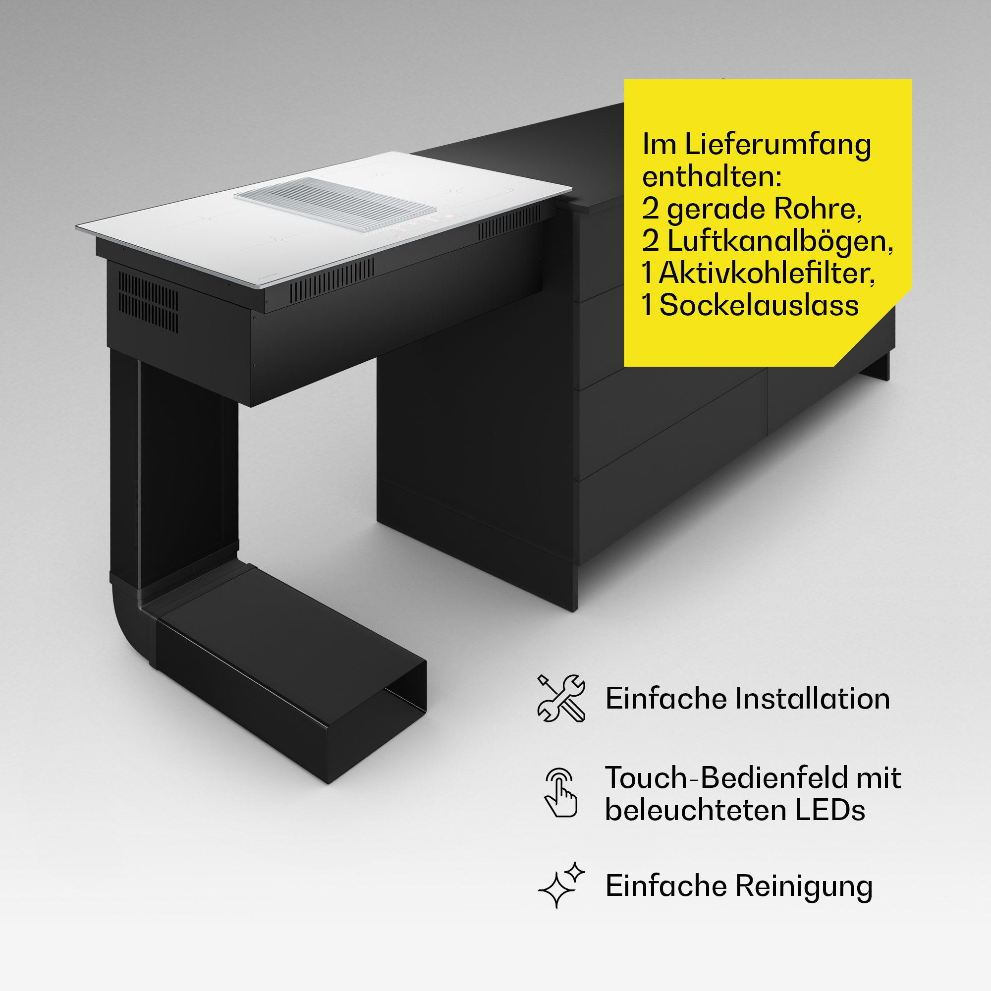Schwarze Kücheninsel mit integriertem Kochfeld und Dunstabzug, Text und Symbole auf grauem Hintergrund.