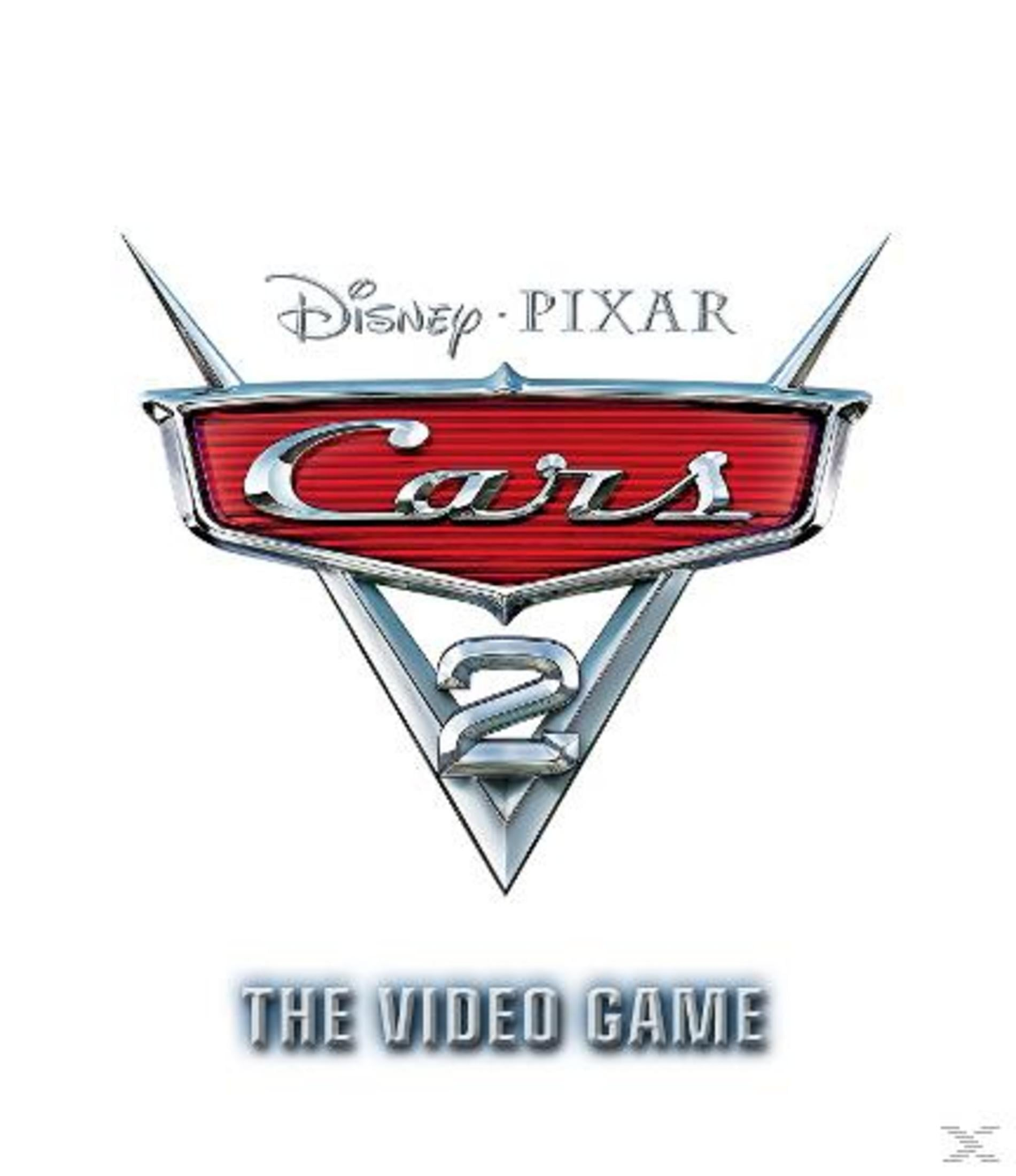 Das Logo des Videospiels Cars 2 mit rotem Hintergrund und silbernem Rahmen auf weißem Hintergrund.