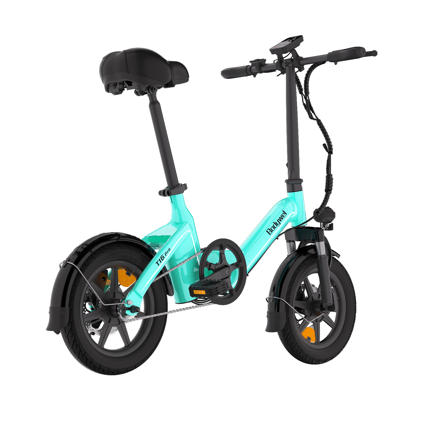 Ein türkis-schwarzes E-Fahrrad mit kleinen Rädern, schwarzem Sattel und Display vor weißem Hintergrund.