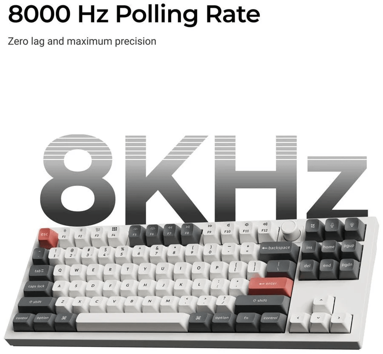 Mechaniczna klawiatura w kolorze białym, szarym i czerwonym z napisem 8000 Hz Polling Rate.