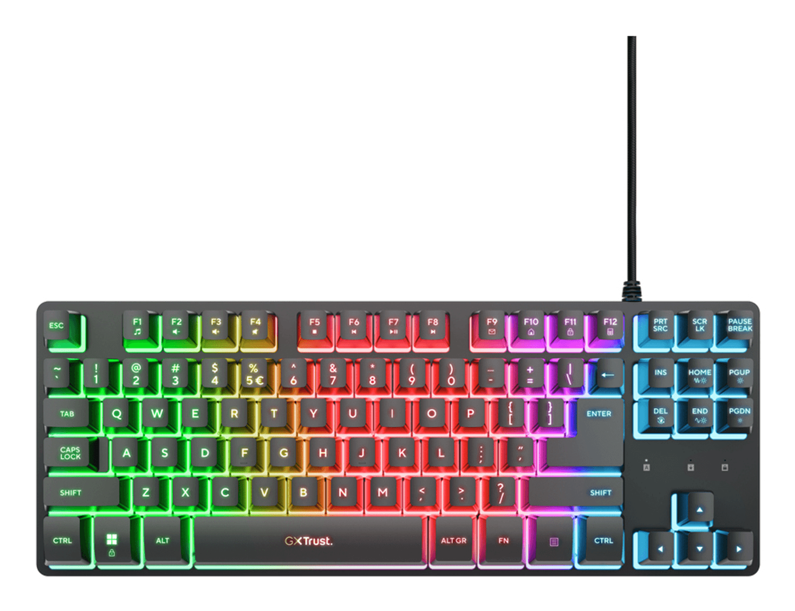 Un teclado mecánico negro con vibrante retroiluminación RGB y cable en un fondo blanco.