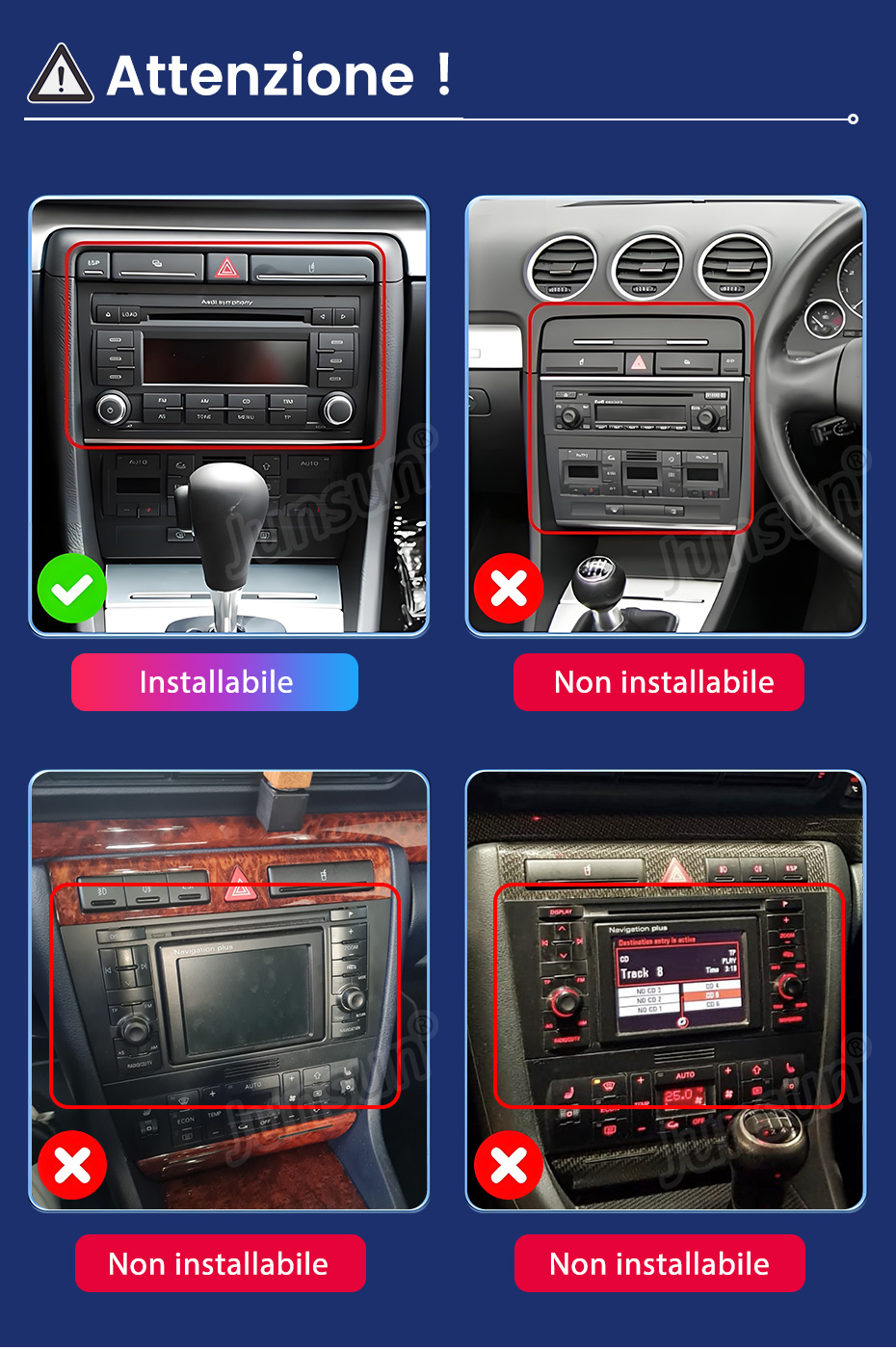 Quattro cruscotti di auto mostrano stili audio compatibili e incompatibili con segni di spunta verdi e croci rosse.