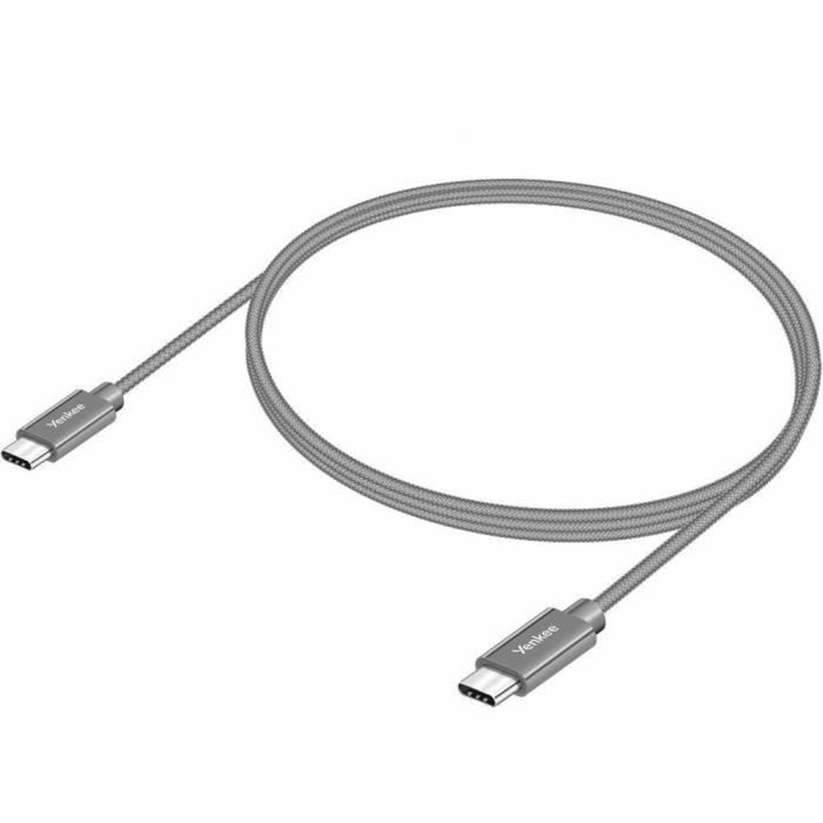 Ein graues, geflochtenes USB-C-Kabel mit Metallsteckern auf weißem Hintergrund.