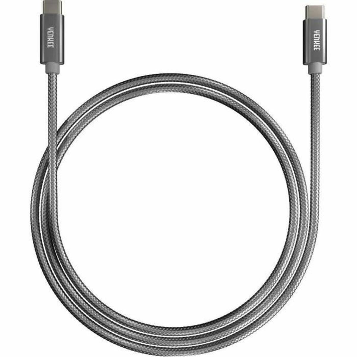 Graues, geflochtenes USB-C-Kabel mit Metallsteckern auf einem neutralen Hintergrund.