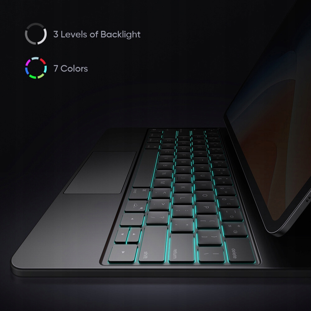 Una tastiera per tablet nera con tasti retroilluminati, 3 livelli di luminosità e 7 colori.