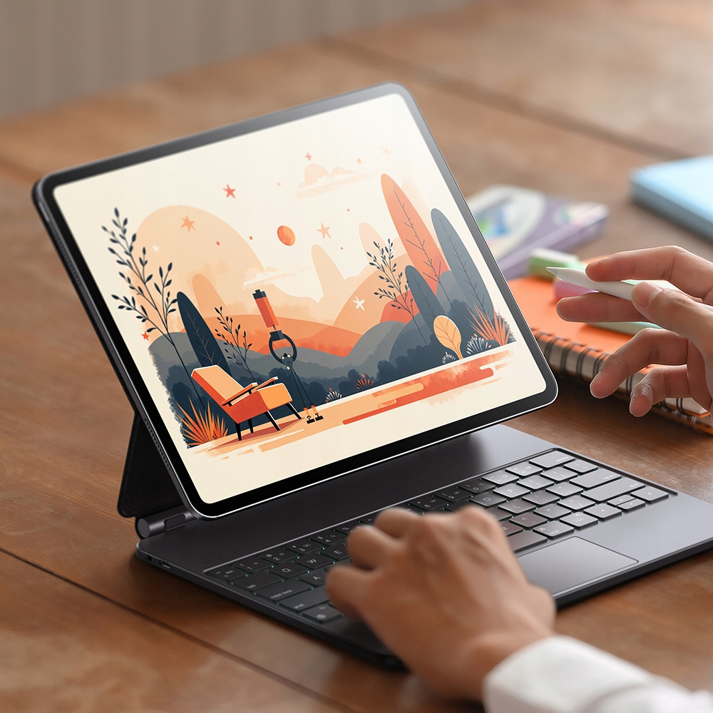 Una persona usa un tablet con un paesaggio digitale, tenendo una penna stilo.