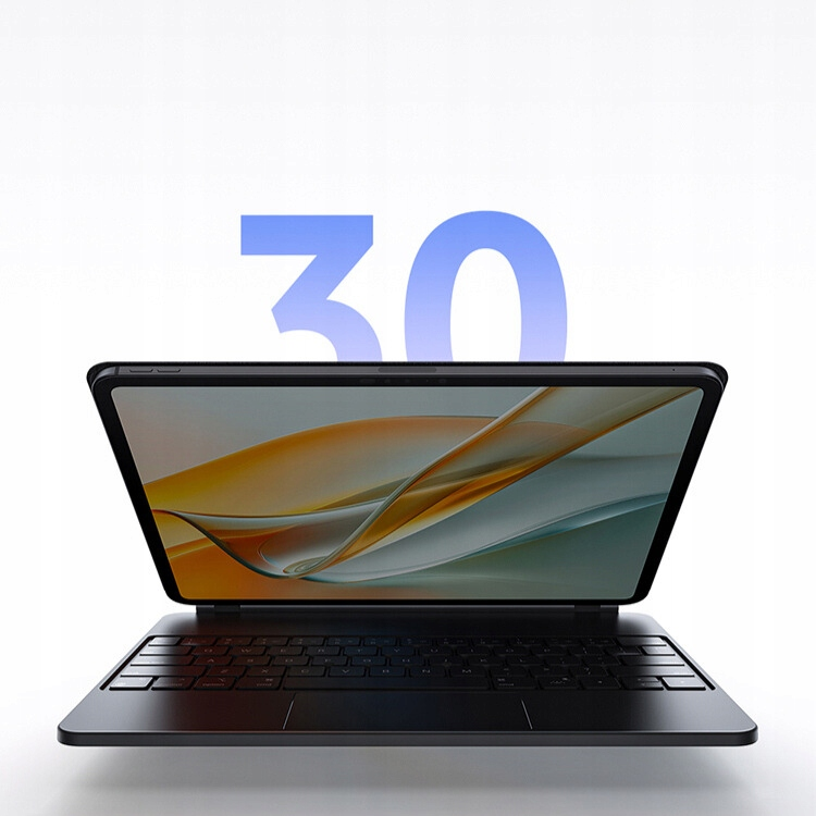 Un tablet con tastiera su sfondo chiaro, con il numero 30 dietro.