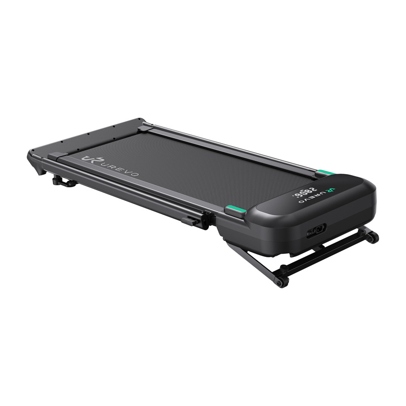 Un tapis roulant nero con display digitale, logo UREVO e gambe pieghevoli su sfondo bianco.