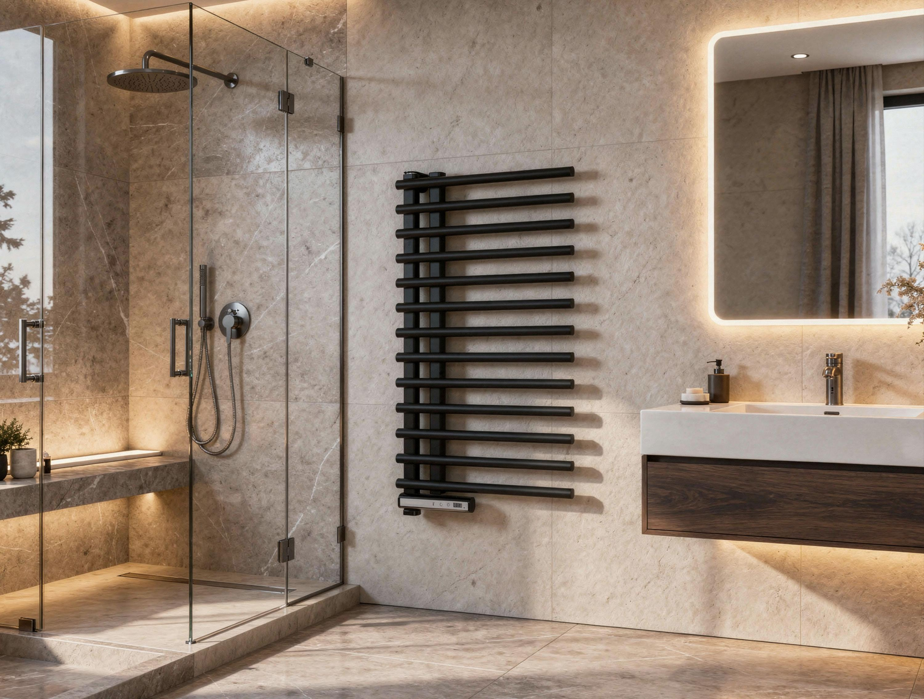Lujoso baño con ducha de cristal, toallero negro, lavabo y espejo retroiluminado contra paredes de mármol.