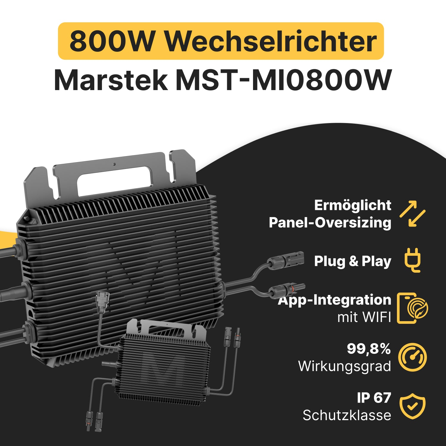 Marstek 800W Wechselrichter mit schwarzem Rippengehäuse, Anschlusskabeln und Funktionssymbolen.