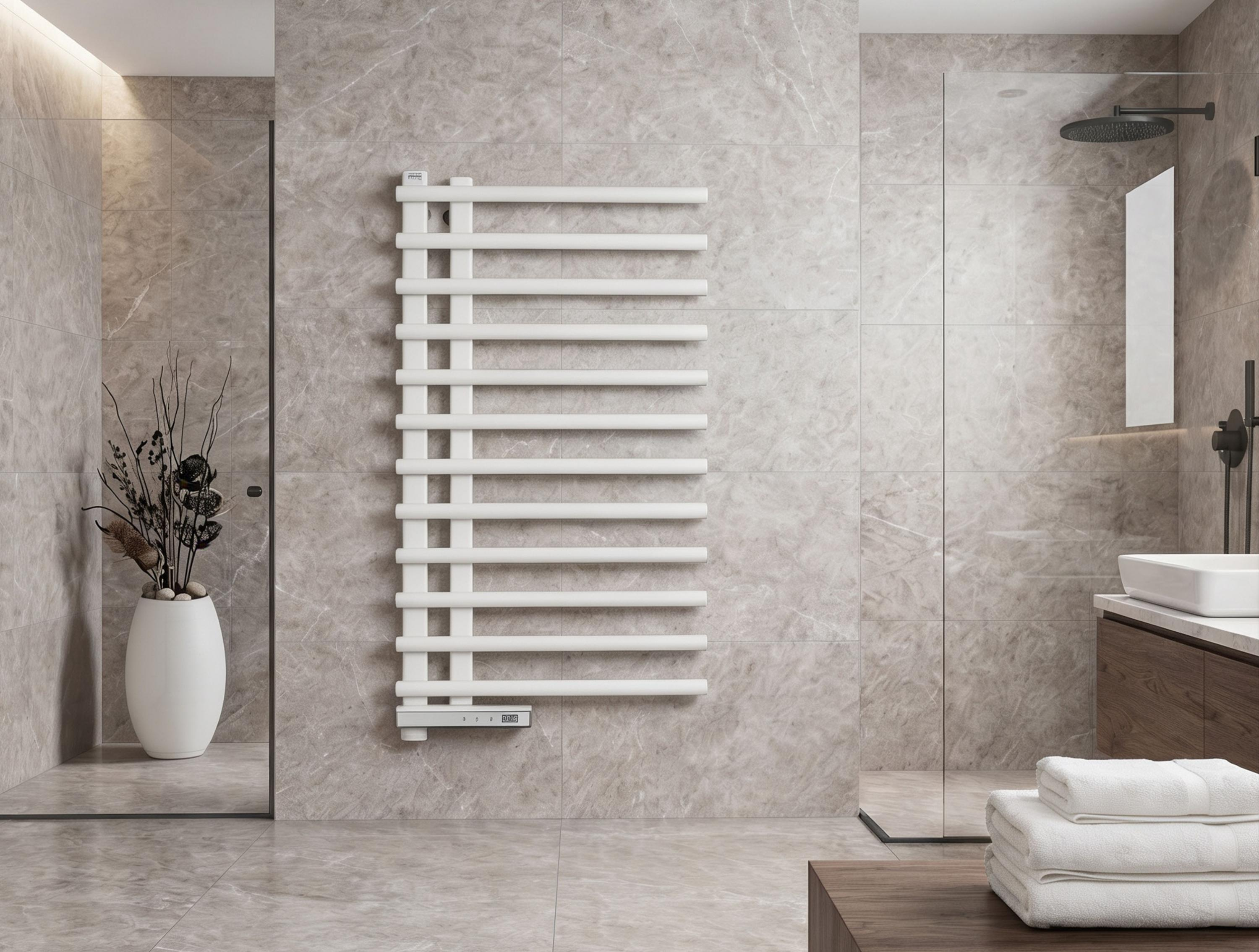 Moderno calentador de toallas blanco en una pared de mármol gris en un baño de lujo.