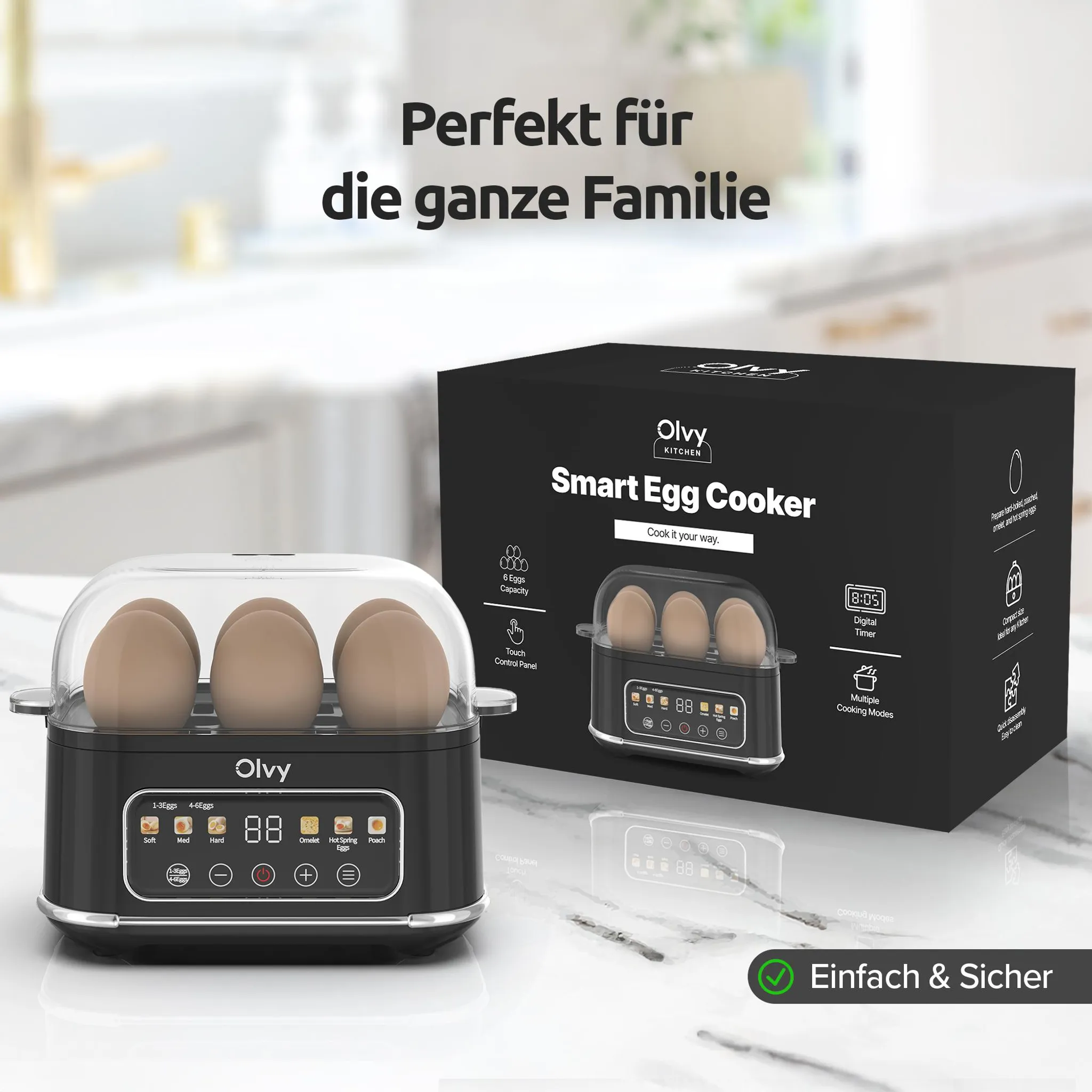 Schwarzer Olvy Smart Egg Cooker mit Eiern auf Marmorarbeitsplatte, daneben die Produktverpackung.