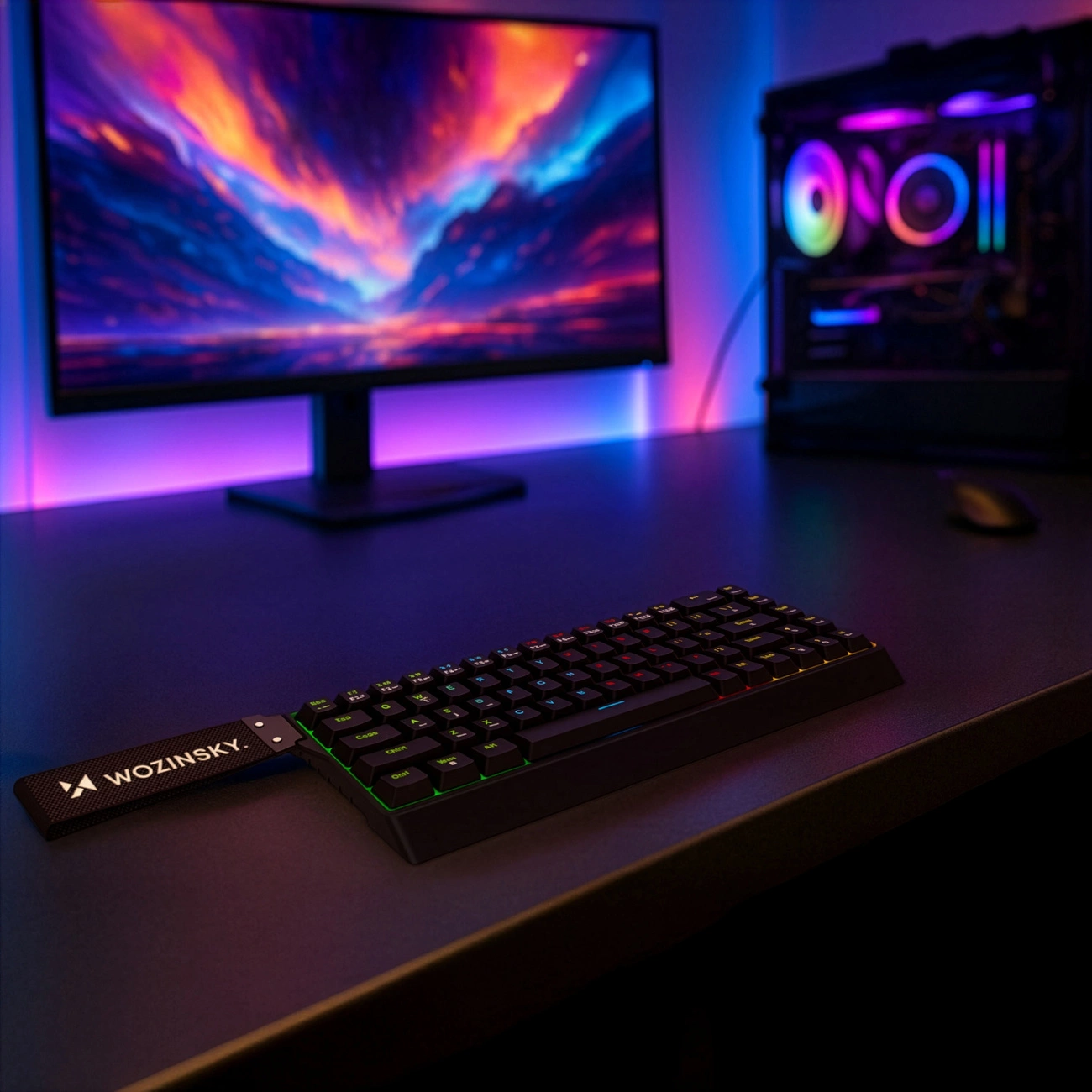 Una scrivania da gaming con monitor, PC illuminato, tastiera nera con logo Wozinsky e luci soffuse.