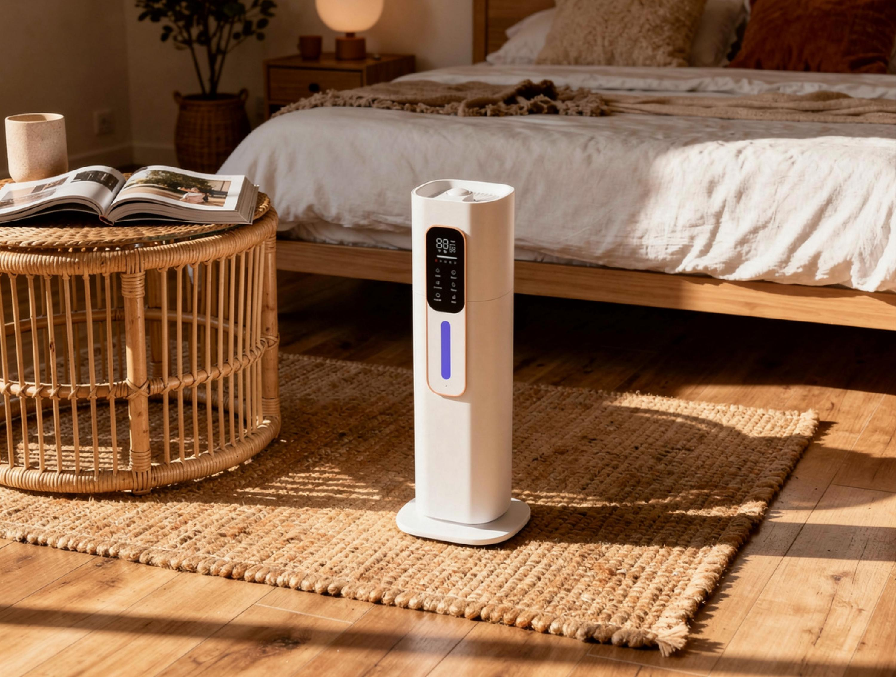Un ventilatore a torre bianco con display digitale su un tappeto di iuta in una camera da letto.