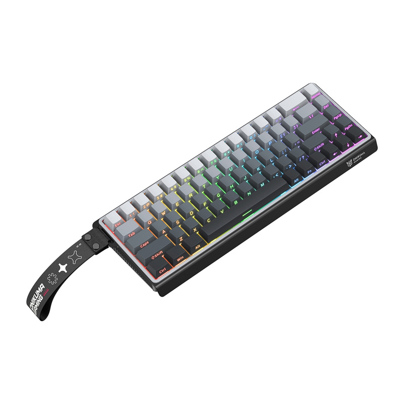 Tastiera da gioco meccanica compatta con retroilluminazione RGB e cinturino da trasporto nero su sfondo bianco.