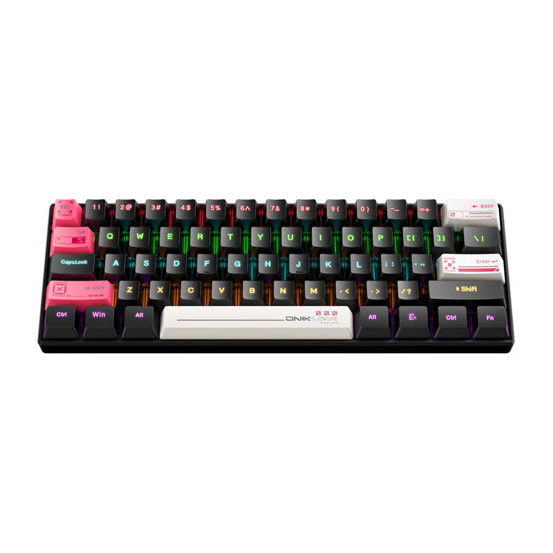 Una tastiera meccanica compatta con tasti neri e vibrante retroilluminazione RGB rosa, bianca e multicolore.