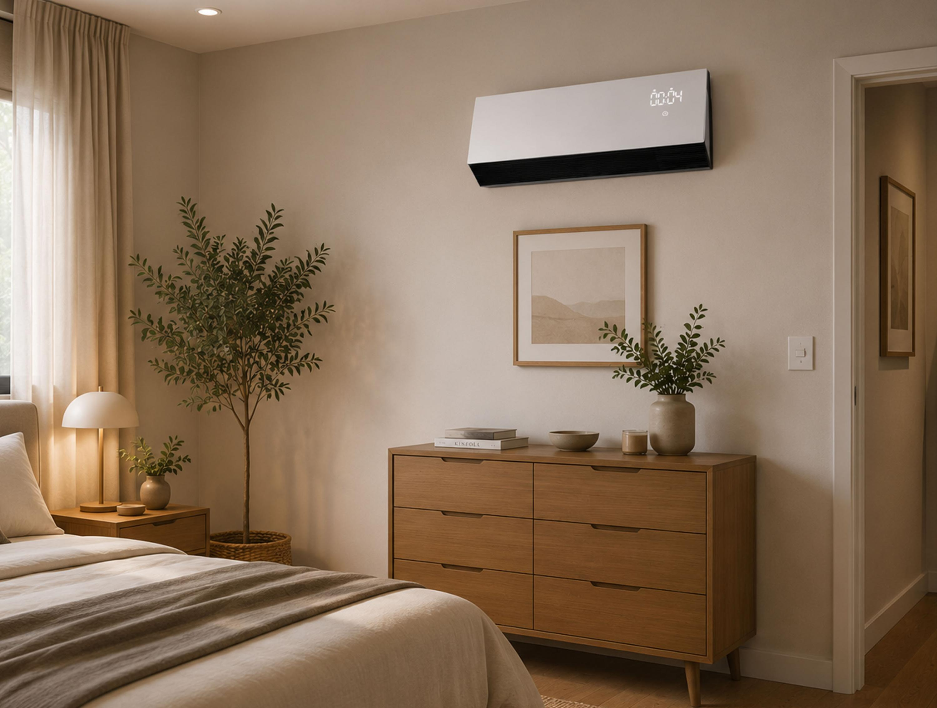 Dormitorio moderno con una cómoda de madera, aire acondicionado blanco en la pared y plantas verdes.