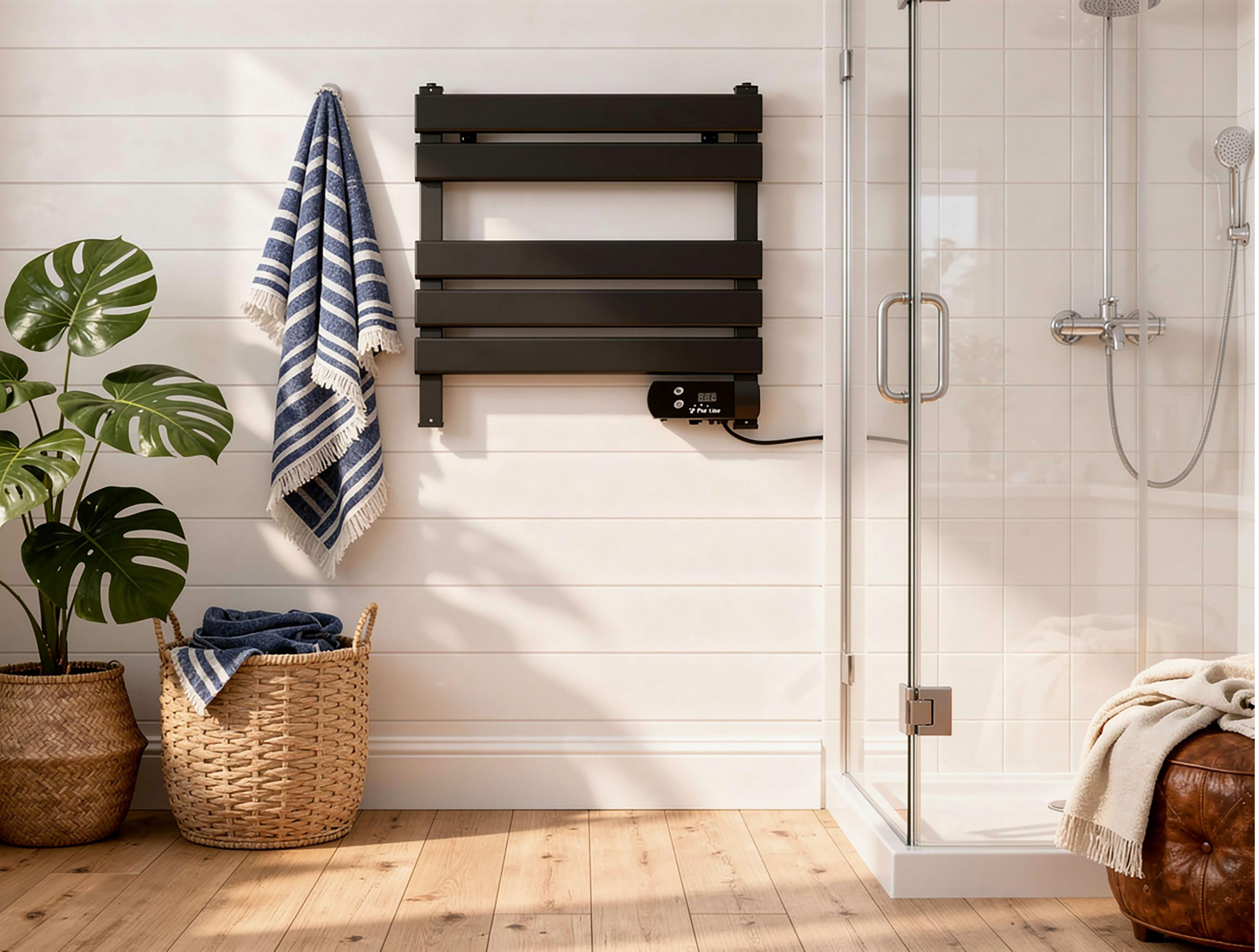 Un baño luminoso con radiador de toallas negro, toalla a rayas, planta, cesta y ducha de cristal.