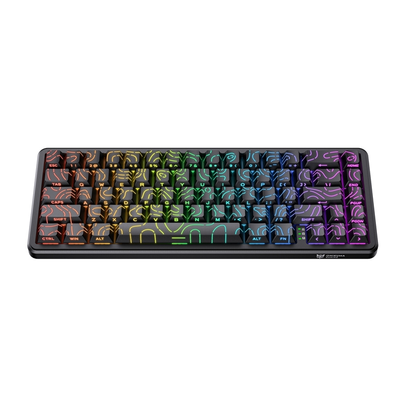 Una tastiera da gioco nera compatta con illuminazione RGB colorata e motivo topo.