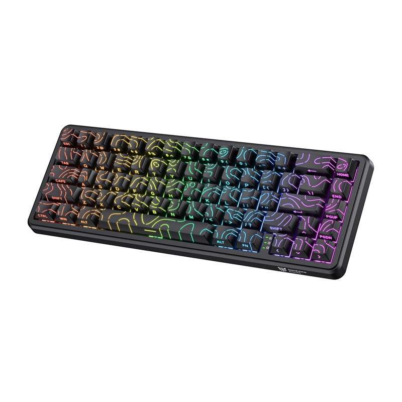 Una tastiera da gioco nera e compatta con retroilluminazione arcobaleno e tasti con motivi incisi.