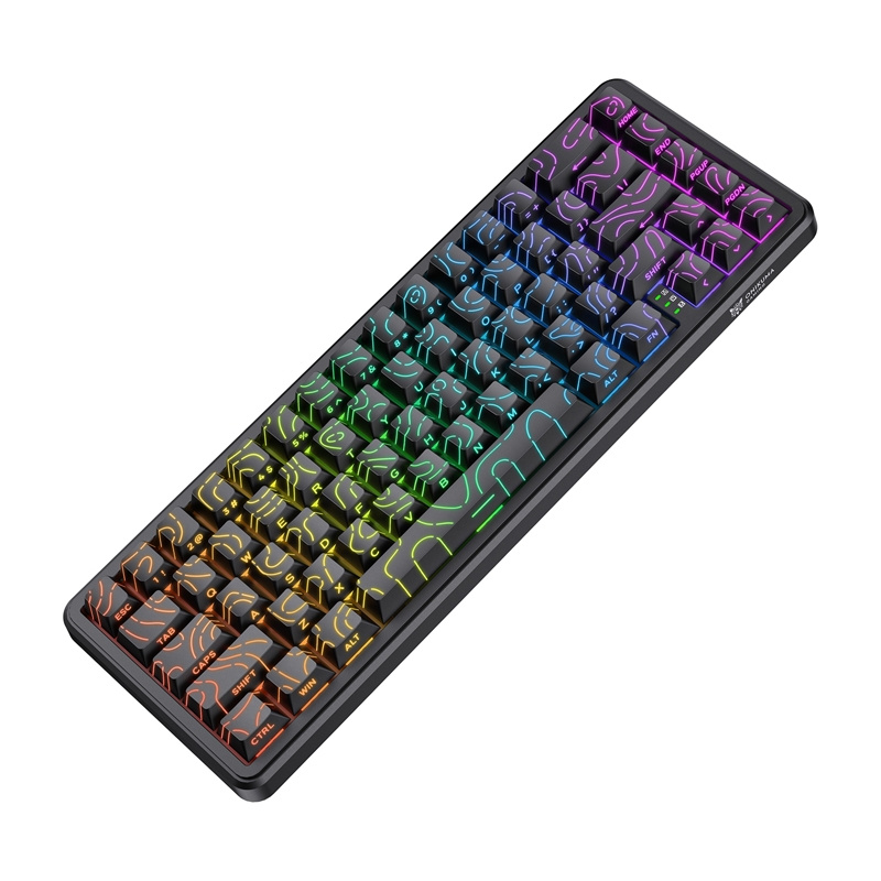 Una tastiera meccanica nera con retroilluminazione arcobaleno e motivi a onde sui tasti.