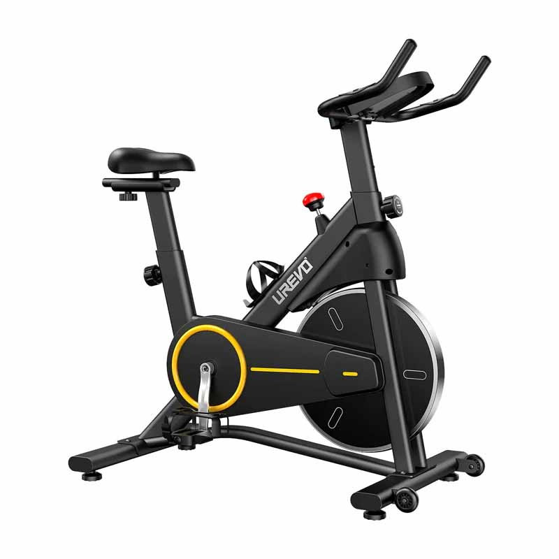 Una cyclette fissa nera UREVO con dettagli gialli, sella imbottita e manubrio su sfondo bianco.