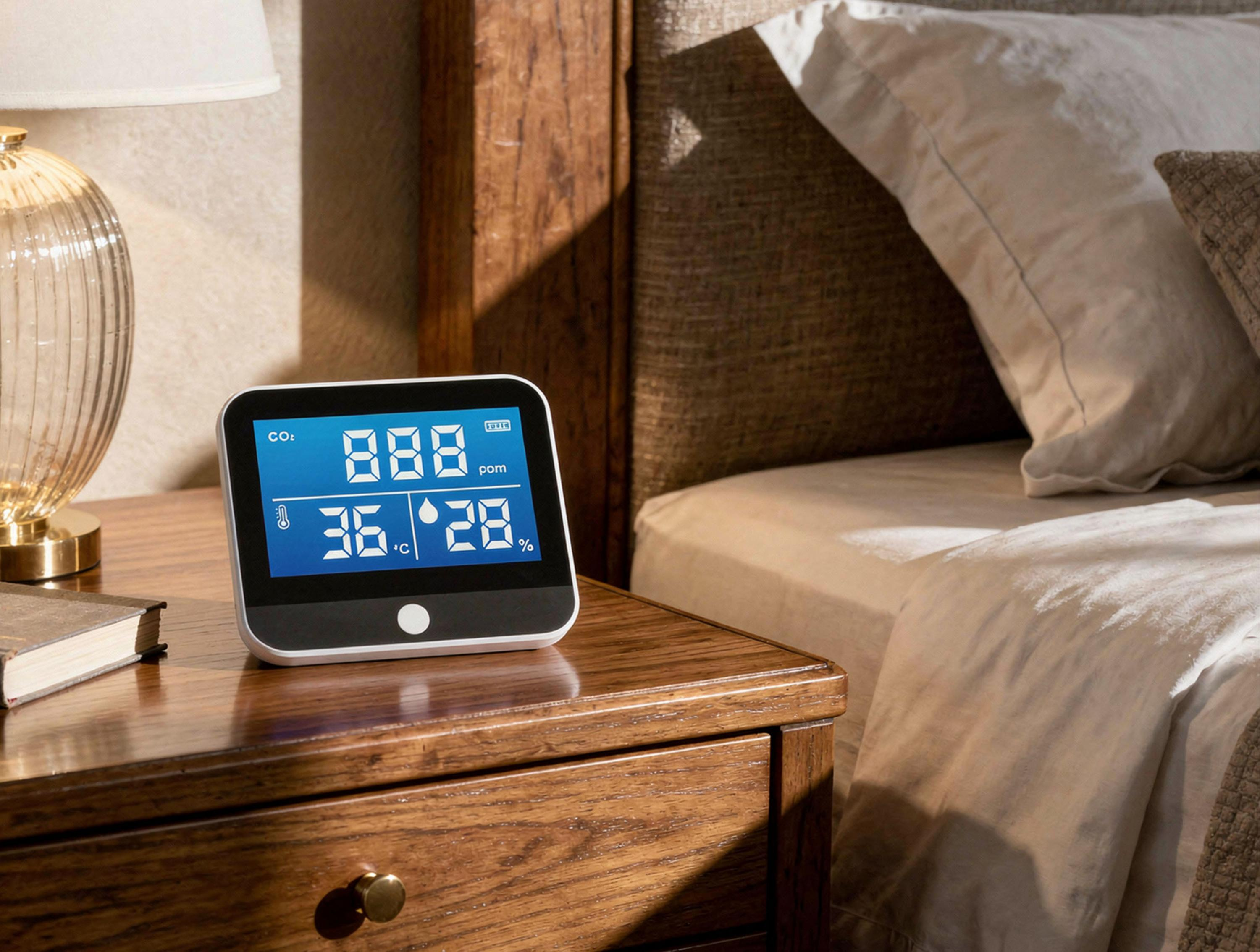 Ein digitales CO2-Messgerät mit blauem Display auf einem hölzernen Nachttisch neben einem Bett.