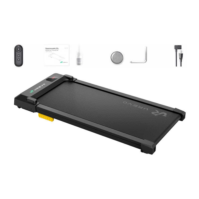 Tapis roulant Urevo nero con telecomando, manuale, olio, batteria, chiave a brugola e cavo.