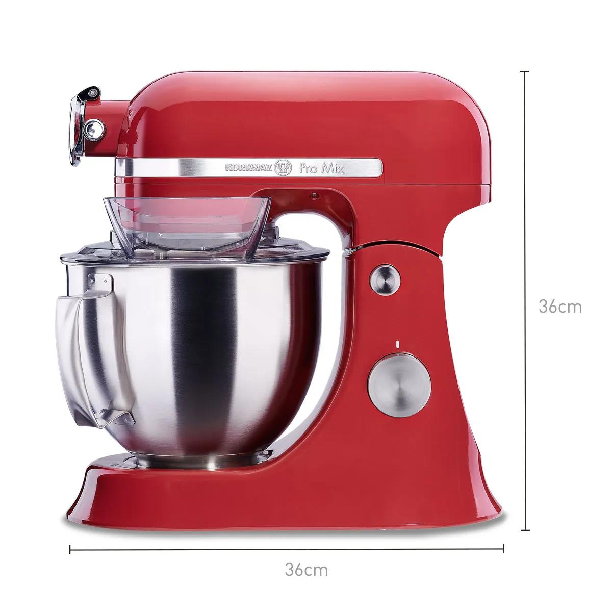 Paslanmaz çelik kaseli ve 36 cm ölçü çizgileri olan kırmızı Korkmaz Pro Mix mikser.