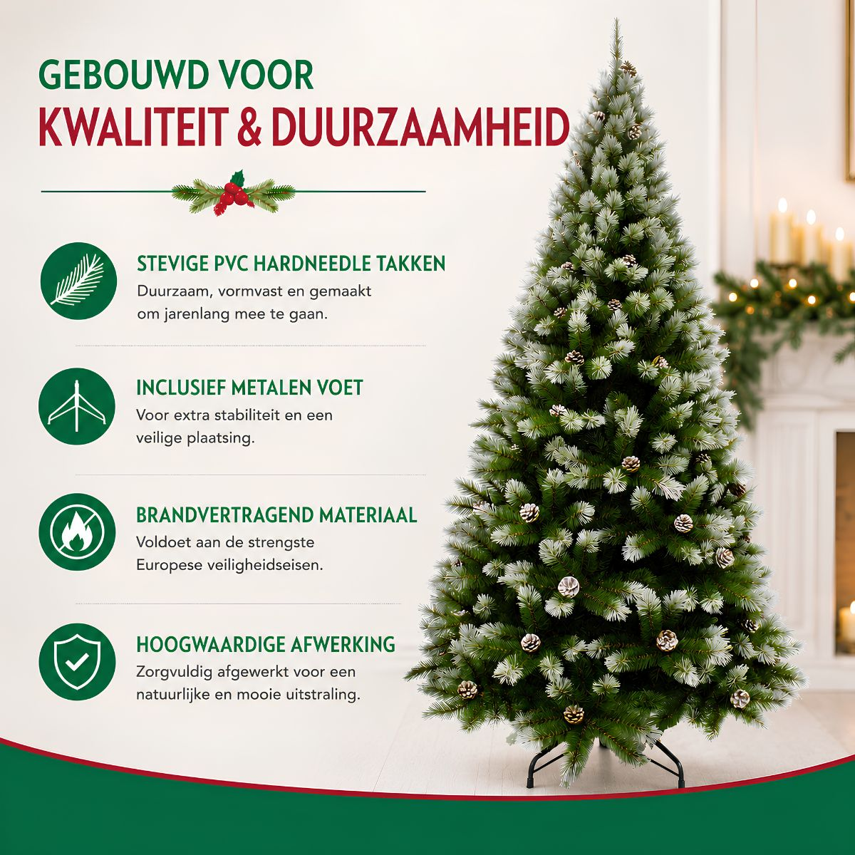 Promotiebeeld voor een kunstkerstboom met PVC takken, een metalen voet en brandvertragend materiaal.