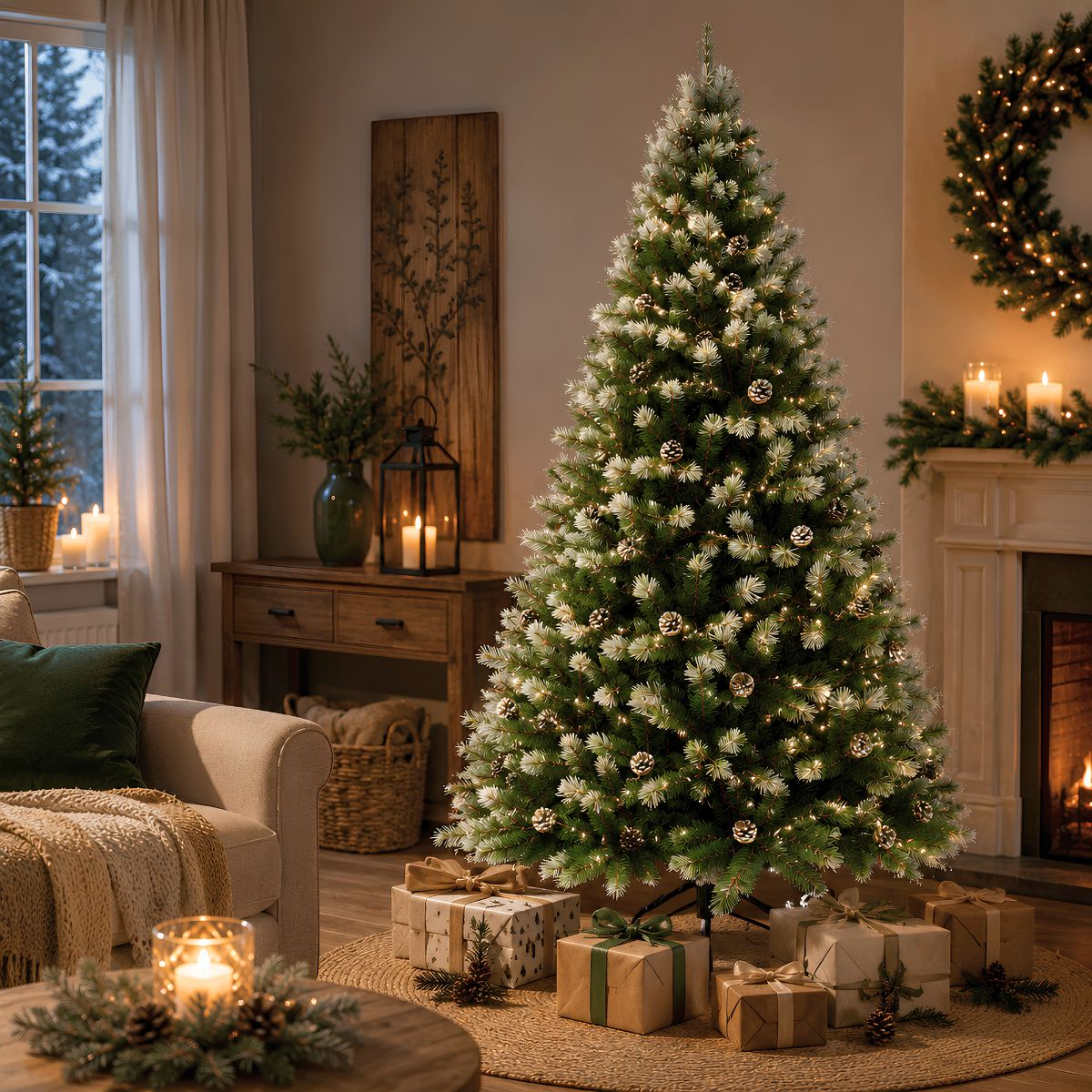 Een versierde kerstboom met lichtjes staat in een gezellige, feestelijk versierde woonkamer.