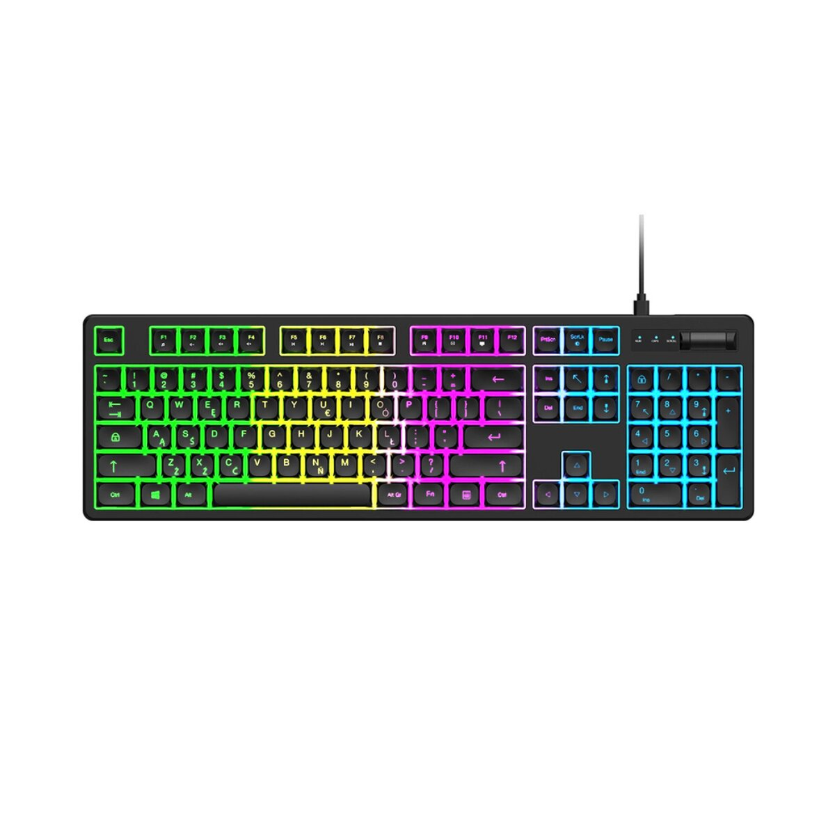 Una tastiera per computer nera con retroilluminazione RGB colorata.