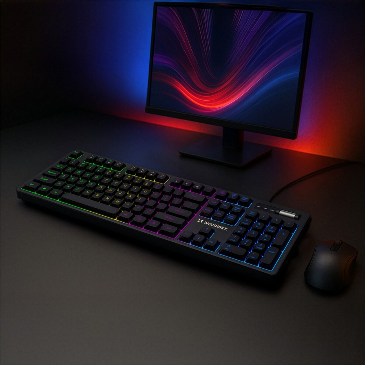 Una tastiera e un mouse illuminati su una scrivania davanti a un monitor con linee rosse.