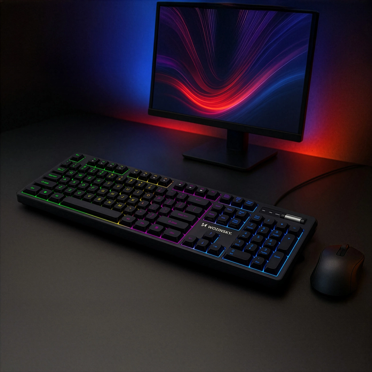 Una tastiera da gioco illuminata e un mouse su una scrivania scura, con un monitor sullo sfondo.