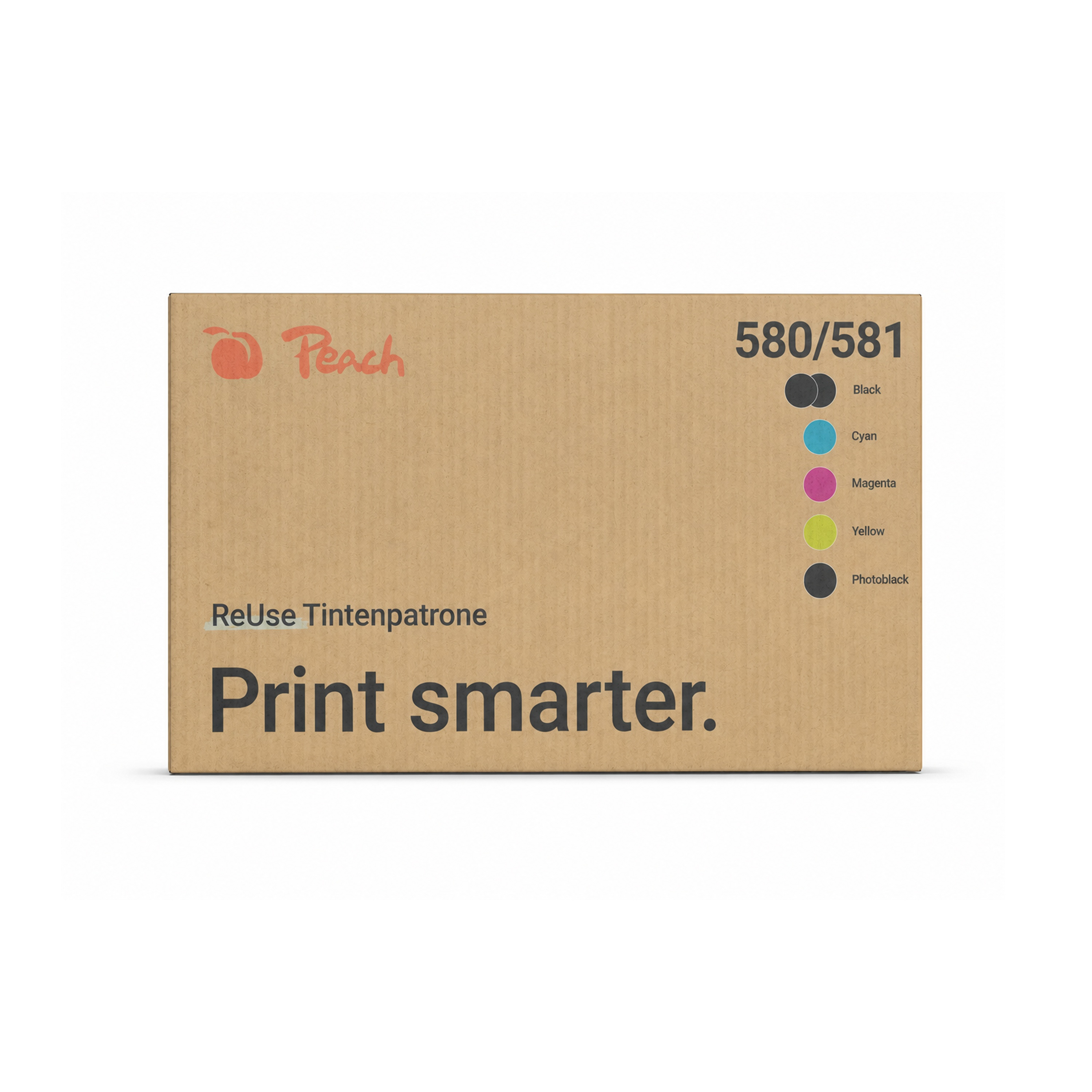 Scatola di cartone marrone per cartucce Peach con testo Print smarter e indicatori.